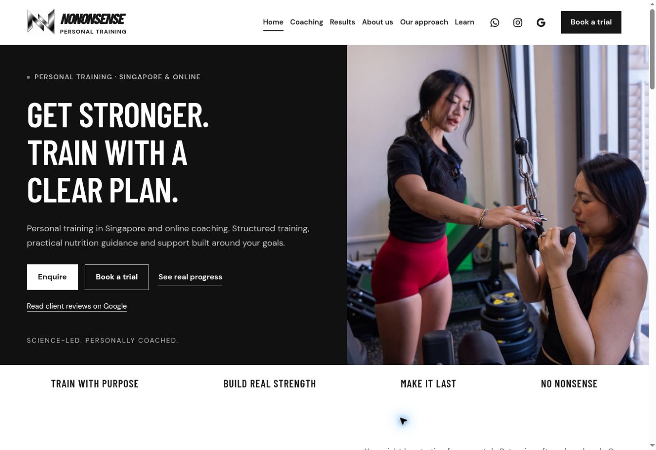 Rebuilt NNPT homepage with a clear personal training headline, a coach guiding a client, and visible Enquire and Book a trial buttons